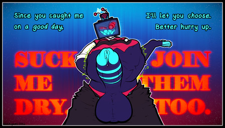 abdominal_bulge ambiguous_gender angry annoyed anthro balls belly big_balls big_belly big_penis black_border blue_body bodily_fluids body_outline border bottomwear bottomwear_down clothed clothing dialogue dripping electricity electronics eyebrows first_person_view for_a_head genital_fluids genitals glowing glowing_eyes glowing_genitalia glowing_penis gradient_background grin grinning_at_viewer hat head_tilt headgear headwear huge_balls huge_penis imminent_sex imminent_vore looking_at_viewer looking_down low-angle_view male male_pred multiple_prey not_furry pants pants_down partially_clothed pattern_clothing penis precum precum_drip presenting presenting_penis prey_pov questionable_consent raised_clothing raised_eyebrow raised_shirt raised_topwear red_eyes ringed_eyes rumbling_stomach screen screen_face sharp_teeth shirt simple_background smile smiling_at_viewer striped_clothing stripes teeth television text topwear unseen_prey vore conditional_dnp electricpants138456 hazbin_hotel hellaverse vox_(hazbin_hotel) demon demon_humanoid humanoid object_head screen_head tv_head 2026 7:4 digital_drawing_(artwork) digital_media_(artwork) english_text hi_res watermark