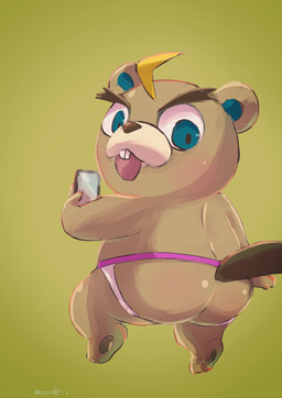 anthro bare_butt blonde_hair blue_eyes brown_body brown_fur buckteeth butt cellphone chibi clothing electronics fur hair jockstrap looking_at_viewer looking_back male phone smartphone solo teeth underwear ngg3636 animal_crossing nintendo c.j._(animal_crossing) beaver mammal rodent hi_res