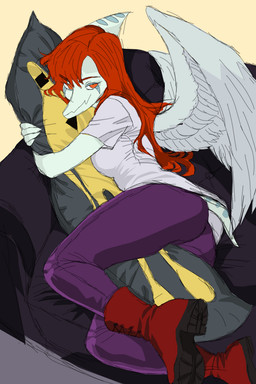 anthro biped blue_body blue_scales body_pillow bone_frill boots bottomwear breasts clothed clothed_anthro clothed_female clothing cuddling feathered_wings feathers female female_anthro fingers footwear frill_(anatomy) furniture grey_body grey_feathers hair happy head_turned high-angle_view humanoid_hands long_hair looking_at_viewer lying markings medium_breasts non-mammal_breasts on_side orange_eyes pants pillow purple_bottomwear purple_clothing purple_pants red_boots red_clothing red_footwear red_hair scales shoes short_tail smile sofa solo striped_markings stripes tail wings ryangoslinghorny earthbound_(series) goodbye_volcano_high ko_op_(game_developer) nintendo fang_(gvh) prehistoric_species pterosaur reptile scalie starman 2:3 colored digital_media_(artwork) hi_res