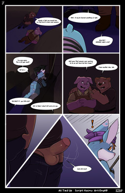 all_fours alley anthro backsack balls blue_body blue_fur bottomless bottomless_anthro bottomless_male bottomwear bottomwear_down bound brown_body brown_fur butt clothed clothed_anthro clothed_male clothing cutaway degradation dialogue erection exclamation_point fingers fur genitals glans group hands_tied head_turned humanoid_genitalia humanoid_hands humanoid_penis imminent_rape imminent_sex looking_at_another looking_back male male/male mischevious open_mouth orange_eyes page_number pants pants_down partially_clothed penis pink_body plotting profanity shirt short_tail standing surprised tail talking_to_another text topwear trash_can trio walking white_body white_fur onykr kai_(kaibun) bear domestic_pig lagomorph leporid mammal rabbit suid suine sus_(pig) absurd_res colored comic end_page english_text hi_res