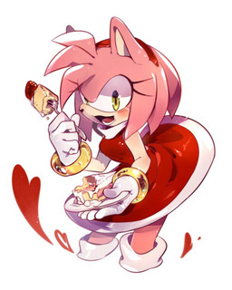 accessory anthro black_nose blush cake clothing cutlery dessert dress eating eyelashes female food fork fruit fur gloves green_eyes hair_accessory hairband handwear heart_symbol inviting kitchen_utensils looking_at_viewer offering_food offering_to_viewer pink_body pink_fur plant plate simple_background solo strawberry tools weon1119 sega sonic_the_hedgehog_(series) amy_rose eulipotyphlan hedgehog mammal 4:5