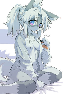 anthro black_nails blue_eyes breasts chest_tuft clothed clothing colored_nails female fluffy fur grabbing_sheets grey_body grey_fur hair kemono looking_at_viewer nails open_clothing open_shirt open_topwear pawpads shirt solo tail topwear tuft white_body white_clothing white_fur white_hair white_shirt white_tail white_topwear ookamiwaho okami_bark canid canine canis mammal wolf 2:3 hi_res