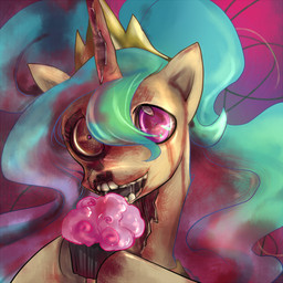 blood bodily_fluids brain creepy crown cupcake female feral food gore headgear horn looking_at_viewer organs princess purple_eyes royalty solo tiara bakki friendship_is_magic hasbro my_little_pony mythology princess_celestia_(mlp) equid equine mammal mythological_creature mythological_equine undead unicorn zombie 1:1 2012