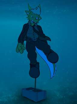 anthro aquaphilia asphyxiation bad_end brick cinder_block clothing corpse death drowned drowning formal_wear male peril rope_around_ankle snuff suit underwater water why-isnt-he-moving mythology celadon_vian dragon mythological_creature mythological_scalie scalie absurd_res black_and_blue hi_res monochrome