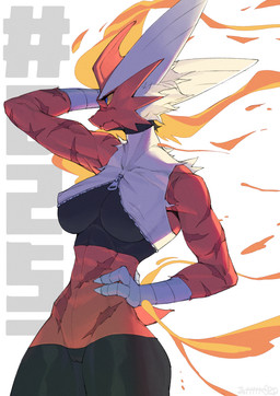 abdominal_scar anthro arm_scar athletic big_breasts breasts clothing crop_top female hair hand_on_hip hand_on_own_hip red_body red_skin scar shirt solo topwear white_hair yellow_sclera fuli_jeffery nintendo pokemon generation_6_pokemon mega_blaziken mega_evolution pokemon_(species) absurd_res hi_res