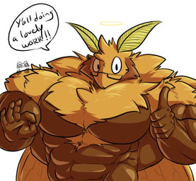 abs anthro biceps body_hair brown_body chest_hair eyewear gesture glasses halo hand_gesture male muscular muscular_anthro muscular_male ok_sign pecs solo thumbs_up yongdasom savon arthropod insect lepidopteran moth