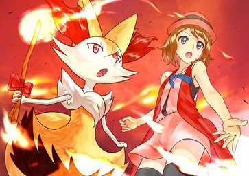 3_fingers 5_fingers anthro attack blue_eyes bottomwear bow_(decoration) brown_hair clothing eyebrows female fingers fire fluffy_ears fur hair hat headgear headwear mangaka open_mouth red_background red_bow red_eyes red_nose semi-anthro short_hair simple_background skirt stick tuft white_body white_fur yellow_body yellow_fur no_tsu_re nintendo pokemon pokemon_trainer serena_(pokemon) braixen canid canine fox generation_6_pokemon human mammal pokemon_(species)
