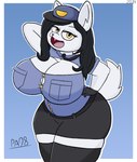 absurd_res anthro big_breasts black_hair breasts canid canine canis clothing domestic_dog female fur hair hi_res huge_breasts huge_thighs legwear mammal officer_pai_(miso_souperstar) paladyart98 police police_hat police_uniform solo tail thick_thighs tights uniform white_body white_fur yellow_eyes