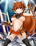 :3 antenna_hair big_breasts blush breasts brown_eyes brown_hair clothing female fingerless_gloves gloves hair handwear legwear looking_at_viewer midriff navel nipple_slip nipples short_hair smile solo tail thigh_highs under_boob wardrobe_malfunction weapon yoshimo arc_system_works blazblue makoto_nanaya animal_humanoid humanoid mammal mammal_humanoid rodent rodent_humanoid sciurid sciurid_humanoid tree_squirrel tree_squirrel_humanoid hi_res