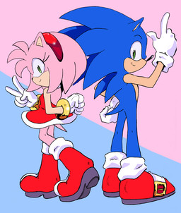 clothing dress duo female footwear gesture gloves hair hand_gesture handwear looking_at_viewer male shoes short_hair smile standing tail v_sign randomguy999 sega sonic_the_hedgehog_(series) amy_rose sonic_the_hedgehog eulipotyphlan hedgehog mammal