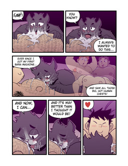 anthro armpit_hair black_body black_fur black_hair blush bodily_fluids body_hair chest_hair cum cum_on_chest cum_on_face cute_fangs dialogue duo eyes_closed fangs fur gasp genital_fluids hair hand_on_chest hands_behind_head head_on_chest heart_symbol human_fetish human_on_anthro interspecies looking_pleasured lying male male/male male_anthro male_human muscular muscular_human nipples pec_grab pecs remembering smile teeth text t0l0k kenta_(t0l0k) max_(t0l0k) domestic_cat felid feline felis human mammal comic english_text hi_res