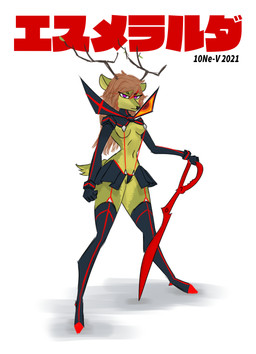 antlers armor black_clothing black_topwear boots bottomwear breasts clothed clothing cosplay female footwear fur green_body green_fur holding_melee_weapon holding_object holding_sword holding_weapon horn looking_at_viewer melee_weapon mouth_closed partially_clothed purple_eyes red_clothing shoes simple_background skimpy skirt small_waist solo sword text thick_thighs topwear unconvincing_armor weapon 10ne-v kill_la_kill studio_trigger senketsu deer mammal absurd_res hi_res japanese_text