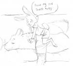 anthro black_and_white boreoboros bracelet clothed clothing comic duo ear_piercing english_text graphite_(artwork) hyena jewelry lagomorph leporid line_art male mammal monochrome piercing rabbit scut_tail short_tail side_view simple_background speech_bubble spotted_hyena sunny_(trash_character) tail text traditional_media_(artwork) white_background zeke_(trash_character)