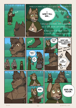 anthro arm_wraps armor barefoot bottomwear cloak clothed clothing dialogue eye_contact eyebrow_piercing eyebrows facial_piercing feet footwear green_cloak green_clothing green_eyes group hand_on_chin holding_notebook illiterate jewelry looking_at_another male map muscular necklace notebook obliques outside page_number pants pecs pendant piercing raised_eyebrow scared serious shoes size_difference speech_bubble standing surprised tassets text thinking topless twitter_logo wraps ghosty_cult far_beyond_the_world_(series) twitter erof_(far_beyond_the_world) talisin_(far_beyond_the_world) canid canine canis mammal wolf comic english_text hi_res multiple_scenes