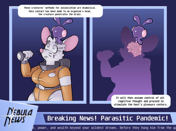 anthro big_breasts blue_eyes breasts clothing dialogue duo female fur futuristic hypnosis intelligence_loss makeup mind_control news news_report orange_clothing parasite purple_body spacesuit speech_bubble text white_body white_fur wide_eyed wide_hips hypnodoe alien gastropod mammal mollusk mouse murid murine rodent slug english_text hi_res