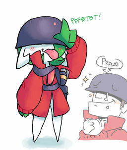 ambiguous_gender armor bag blowing_raspberries blush blush_stickers bodily_fluids brown_hair chest_spike clothing coat crying directional_arrow duo explosives green_body green_hair grenade hair headgear helmet helmet_over_eyes making_faces male onomatopoeia oversized_clothing oversized_coat oversized_topwear pointed_feet proud red_clothing red_coat red_topwear satchel simple_background smile solo_focus sound_effects sparkles spikes spikes_(anatomy) taunting tears tears_of_joy teasing text topwear weapon white_background white_body melfunnysmell nintendo pokemon team_fortress_2 valve valve_corporation gaba_(melfunnysmell) soldier_(team_fortress_2) gardevoir generation_3_pokemon human humanoid mammal pokemon_(species) 2025 english_text female_(lore)
