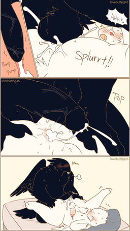 3_panel_comic anal anal_penetration anthro anthro_on_anthro anthro_penetrated anthro_penetrating anthro_penetrating_anthro arm_tuft balls bed biped black_balls black_body black_feathers black_penis black_wings blep blush blushing_profusely bodily_fluids cheek_tuft chest_tuft cum cum_from_ass cum_in_ass cum_inside cum_splatter cum_string dialogue duo ejaculation elbow_tuft facial_tuft feather_tuft feathers furniture genital_fluids genitals glans head_tuft humanoid_genitalia humanoid_penis leaking_cum lying lying_on_bed male male/male moan nude nude_anthro nude_male on_bed penetration penis pull_out sex shoulder_tuft text three-quarter_view tongue tongue_out tuft wings lovebuffpg45 abby_(pegu2726) azure_(pegu2726) avian bird corvid oscine passerine unknown_species 2024 artist_name comic digital_drawing_(artwork) digital_media_(artwork) english_text hi_res