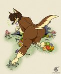 anthro big_butt blue_eyes breasts brown_body brown_fur butt female flower fungus fur grass hair looking_at_viewer looking_back lying mushroom narrowed_eyes nude plant pose simple_background solo thick_thighs tongue tongue_out wide_hips yellow_sclera unclescooter lucy_lupa canid canine canis mammal wolf 2016 digital_media_(artwork) hi_res