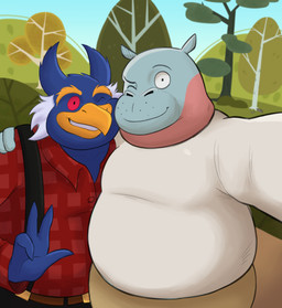 anthro duo eyes_closed face_squish flannel_shirt gesture hand_gesture looking_at_viewer male male/male overweight overweight_anthro overweight_male selfie simple_background smile smiling_at_viewer squish suspenders v_sign abe_waton odd_taxi pen-pen_(rawk-hawpper) taichi_kabasawa_(odd_taxi) avian bird common_hippopotamus crested_penguin hippopotamid mammal penguin rockhopper_penguin absurd_res hi_res