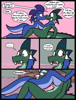 anthro anthro_on_anthro big_breasts big_penis blue_body blue_scales blush bodily_fluids breasts claws cute_fangs dialogue dream duo ellipsis erection eye_contact fangs female finger_claws genital_fluids genitals green_body green_hair green_scales hair head_grab humanoid_genitalia humanoid_penis intraspecies kissing leaning leaning_backward looking_at_another looking_away male male/female nipples penis pink_nipples pink_penis precum pupils purple_eyes purple_hair purple_pupils scales sharp_teeth sitting speech_bubble teeth text toe_claws white_claws ultilix european_mythology mythology emerald_(ultilix) ruby_(ultilix) dragon mythological_creature mythological_scalie scalie western_dragon 2026 comic english_text hi_res brother_(lore) brother_and_sister_(lore) incest_(lore) sibling_(lore) sister_(lore)