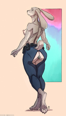 4_toes 5_fingers alternate_form anthro barefoot belt biped bottomwear breasts butt butt_cutout buttplug clothed clothed_anthro clothed_female clothing countershade_face countershade_neck countershade_tail countershading crotchless_bottomwear crotchless_clothing crotchless_pants cutout digitigrade eyebrows feet female female_anthro fingers fur genitals grey_body grey_fur long_ears looking_at_viewer looking_back looking_back_at_viewer low-angle_view mouth_closed multicolored_body multicolored_fur muscular muscular_anthro muscular_female nipples on_one_leg pants patreon_username plug_(sex_toy) purple_eyes rear_view redesign scut_tail sex_toy short_tail small_breasts solo standing tail text toes two_tone_body two_tone_fur vulva arcr-cric disney zootopia judy_hopps lagomorph leporid mammal rabbit 2025 artist_name dated digital_media_(artwork) full-length_portrait hi_res portrait url