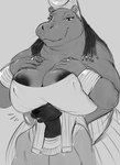 2024 4_fingers absurd_res anthro anthro_on_anthro anubian_jackal anubis areola areola_slip big_areola big_breasts big_snout biped boob_hat bottomwear bracelet braided_hair breasts canid canine canis cleavage cleavage_overflow clothed clothed_anthro clothed_female clothing common_hippopotamus curved_eyebrows dark_areola dark_body dark_hair dark_nose deity digit_ring digital_drawing_(artwork) digital_media_(artwork) doctordj dreadlocks duo egyptian_headdress egyptian_mythology eyebrows eyelashes female fingers greyscale hair hand_on_breast hand_on_own_breast hi_res hippopotamid huge_areola huge_breasts humanoid_hands ineffective_clothing interspecies jackal jewelry larger_female long_hair looking_down male male/female mammal marvel marvel_cinematic_universe middle_eastern_mythology monochrome moon_knight_(series) mythology obscured_eyes ring_(jewelry) size_difference sketch smaller_male smile smirk snout standing surprise taweret taweret_(moon_knight) teeth thick_arms thick_neck thin_eyebrows three-quarter_view topless topless_anthro topless_male topwear