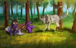 day duo feral forest fur grey_body grey_fur meadow plant pose tree fuzzymaro canid canine canis hybrid mammal wolf digital_media_(artwork)