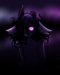 ambiguous_gender anthro broken_horn creepy curled_hair glowing glowing_eyes hair hair_over_eye horn looking_at_viewer purple_eyes simple_background solo mewgle reed_(mewgle) bovid caprine goat mammal 2024 4:5 male_(lore)