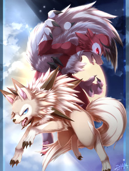 anthro blue_eyes brown_body brown_fur claws detailed_background duo feral fur looking_at_viewer male moon red_body red_eyes red_fur sun teeth tongue ivan-jhang nintendo pokemon canid canine generation_7_pokemon lycanroc mammal midday_lycanroc midnight_lycanroc pokemon_(species) 2017 absurd_res hi_res
