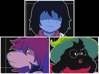 anthro black_background black_body black_fur black_hair blue_body clothed clothing eyewear female fur glasses group hair hat headgear headwear jacket male outline pink_body purple_hair scarf simple_background sparkles topwear trio white_outline yellow_sclera keke_(artist) deltarune undertale_(series) kris_dreemurr ralsei susie_(deltarune) bovid caprine darkner goat human mammal reptile scalie 2021 2d_animation animated frame_by_frame headshot_portrait loop portrait