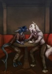 anthro cafe duo eye_contact looking_at_another male romantic romantic_ambiance romantic_couple sitting tail pechschwinge canid canine canis fish mammal marine shark wolf