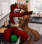 affectionate anthro black_ears black_nose black_sclera brown_body brown_fur cutting_board detailed_background dipstick_tail duo eye_contact floorboards fur gloves_(marking) green_eyes green_inner_ear green_tail_tip head_tuft hug inside kitchen kitchen_cabinet kitchen_sink leg_markings licking_nose looking_at_another male male/male markings pepper_mill plant plant_pot plate potted_plant red_body red_fur shelf sitting_on_counter socks_(marking) tail tail_markings tuft window wooden_spoon wagnermutt mutt_(wagnermutt) victor_johansen canid canine canis domestic_dog fox mammal 2022 dated hi_res signature