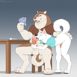 animal_genitalia animal_penis anthro anthro_on_anthro balls bent_over bodily_fluids bottomless brown_body brown_fur butt canine_genitalia canine_penis card clothed clothing cum cum_on_face duo erection fellatio fur genital_fluids genitals knot knotted_penis licking male male/male oral penile penis penis_lick playing_card sex shaft_divide smile tongue tongue_out vein veiny_penis white_body white_fur jishinu sam_(jishinu) alaskan_malamute canid canine canis domestic_dog mammal nordic_sled_dog samoyed spitz 1:1 2025 hi_res