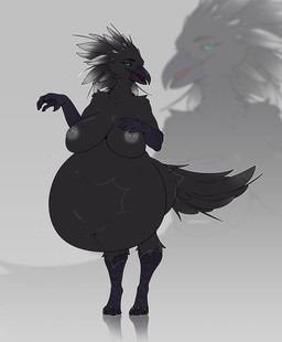 anthro beak belly black_belly blue_eyes breasts feathers female green_eyes nipples non-mammal_nipples solo tail tail_feathers vore cmitchell avian bird corvid corvus_(genus) crow oscine passerine absurd_res hi_res
