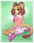 abdl ageplay anthro blue_eyes brown_hair clothed clothing diaper female fur glistening glistening_eyes hair infantilism looking_at_viewer object_in_mouth open_mouth pacifier pacifier_in_mouth pattern_diaper pink_clothing pink_topwear roleplay simple_background sitting solo tail tan_body tan_fur topwear wearing_diaper white_diaper riddlr rachael_doebele felid lion mammal pantherine 2021 hi_res