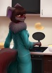 anthro appliance brown_hair brown_nose cheek_tuft closed_smile cooking cookware facial_tuft female fluffy fluffy_tail food frying_pan fur glistening glistening_hair grey_body grey_fur hair inside kitchen_utensils looking_at_viewer mouth_closed orange_eyes pan pancake rear_view red_body red_fur red_tail smile solo stove tail tools tuft bloominglynx lurry_(character) mammal rodent sciurid tree_squirrel 2021 absurd_res hi_res