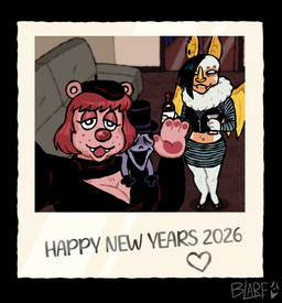 alcohol beret beverage black_hair breasts cleavage cleavage_cutout clothed clothing cutout eyebrow_piercing facial_piercing fangs female fur furniture gesture group hair hat headgear headwear heart_symbol holidays male midriff navel navel_piercing piercing polaroid selfie side_shave sofa teeth text top_hat trio waving white_body white_fur wine blarf022 new_year new_year_2026 blarf_(blarf022) sherry_bear_(blarf022) vranda_von_bat_(blarf022) bat bear honduran_white_bat humanoid kinx_(blarf022) leaf-nosed_bat mammal microbat yangochiropteran 2025 absurd_res english_text hi_res