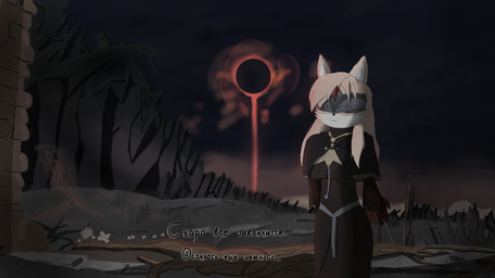 anthro black_clothing black_dress black_nose blonde_hair clothed clothing dress female hair smile solo standing text redhotchilifox dark_souls fromsoftware firekeeper canid canine fox mammal hi_res