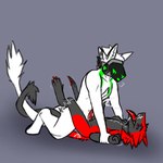 anthro bodily_fluids cum cum_in_ass cum_inside cum_on_face cum_on_own_face cum_on_self duo fur genital_fluids genitals machine male male/male motion_lines penis pinned pinned_arms pinned_to_ground red_body red_eyes red_fur red_penis red_tongue simple_background tail tongue visor white_body white_fur anonymous_artist ares_(nsa) bukmar hybrid protogen sergal hi_res