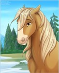 blue_sky brown_eyes clear_sky day ears_back evergreen_tree female forest grass mountain outside pine_tree pivoted_ears plant sky smile snow solo text tree jenery dreamworks spirit:_stallion_of_the_cimarron esperanza_(cimarron) equid equine horse mammal 2020 bust_portrait digital_media_(artwork) hi_res portrait url