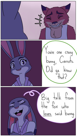 anthro clothing dialogue dipstick_ears duo ear_markings ears_down ears_up eyes_closed female fur grey_body grey_fur male multicolored_ears open_mouth orange_body orange_fur paws pivoted_ears purple_eyes shirt simple_background speech_bubble teeth text three_frame_image topwear undershirt hahstudios disney zootopia judy_hopps nick_wilde canid canine european_rabbit fox lagomorph leporid mammal oryctolagus rabbit red_fox true_fox comic english_description english_text