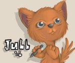 ambiguous_gender anthro black_eyes black_nose digital_pen fur holding_object looking_up orange_body orange_fur orange_tail raised_tail smile solo tail jubb jubb_(character) mammal 2019 signature