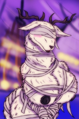 anthro antlers big_breasts black_nipples blush bound breasts ears_down female fur hands_tied horn mummy_wrappings nipples nude pivoted_ears smile solo tail white_body white_fur white_tail wrapped_up gozso-alako bloodborne fromsoftware mythology sony_corporation sony_interactive_entertainment vicar_amelia canid canine canis mammal monster mythological_canine mythological_creature werecanid werecanine werecreature werewolf wolf hi_res