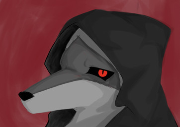 anthro black_clothing black_nose black_sclera cloak clothed clothing facial_markings fur grey_body grey_fur head_markings hood hood_up looking_at_viewer male markings mask_(marking) red_background red_eyes simple_background solo loadinnng dreamworks puss_in_boots_(franchise) death_(puss_in_boots) canid canine canis mammal wolf digital_drawing_(artwork) digital_media_(artwork) hi_res portrait