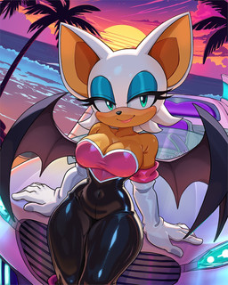 anthro big_breasts big_ears blue_eyelids bodysuit breasts car cleavage clothed clothing female glistening glistening_clothing gloves handwear palm_tree plant skinsuit solo sunset tan_body tan_skin thick_thighs tight_clothing tree vehicle wide_hips wings shiro_sonic sega sonic_the_hedgehog_(series) rouge_the_bat bat mammal 4:5 hi_res