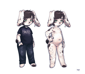 andromorph anthro belly brown_hair clock clothed clothing ear_piercing eyebrow_piercing facial_piercing genitals green_eyes hair intersex markings navel nipple_piercing nipples nude off/on piercing simple_background slightly_chubby solo spots spotted_markings text vulva watch white_background young young_anthro niichan lagomorph leporid mammal rabbit artist_name hi_res trans_(lore) trans_man_(lore)
