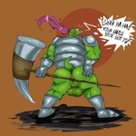 anthro anus armor backsack balls boots bottomless butt clothed clothing footwear genitals green_body hair hammer male mature_male one_eye_closed perineum pink_hair ponytail presenting presenting_anus shell shoes solo text tools unconvincing_armor warhammer wink ssatoh deltarune undertale_(series) gerson reptile scalie turtle english_text hi_res