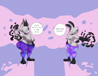 anthro balls_outline barefoot big_breasts big_butt black_body black_fur bottomwear breasts bulge butt camel_toe clothed clothing detailed_bulge dialogue duo feet female fur genital_outline grey_body grey_fur grey_nipples ink male male/female multicolored_body multicolored_fur nipples pants pants_only penis_outline profanity speech_bubble tail text thick_thighs topless two_tone_body two_tone_fur vulva_outline wide_hips ipskrimson ippa_(ipskrimson) ippy_(ipskrimson) domestic_cat felid feline felis hybrid lagomorph leporid mammal rabbit 2026 absurd_res english_text hi_res