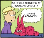 blonde_hair clothing dialogue duo feral fur hair humor looking_at_viewer male no_irises open_mouth parody purple_clothing red_body red_fur shirt text topwear what muddybloodybluesky garfield_(series) watchmen adrian_veidt bubastis garfield_the_cat jon_arbuckle ozymandias domestic_cat felid feline felis human mackerel_tabby mammal tabby_cat english_text low_res redraw thumbnail