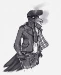 alternative_fashion anthro avian_caruncle beak biped black_body black_feathers black_tail bottomwear cigarette clothed clothing delinquent dewlap_(anatomy) eyebrows eyewear feathered_crest feathers fully_clothed greaser grey_beak grey_clothing hand_in_pocket hands_in_both_pockets head_crest jacket leather leather_clothing leather_jacket leather_topwear male open_clothing open_jacket open_topwear pants pockets pompadour rockabilly shirt simple_background smoking solo standing sunglasses tail tail_feathers topwear undershirt wattle white_background white_clothing basillicus avian bird cotingid new_world_suboscine passerine suboscine umbrellabird 2017 digital_drawing_(artwork) digital_media_(artwork) half-length_portrait hi_res portrait